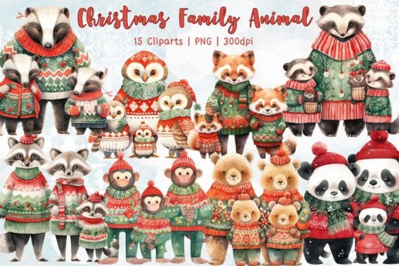 Christmas Family Animal Watercolor Set: Holiday Design Magic